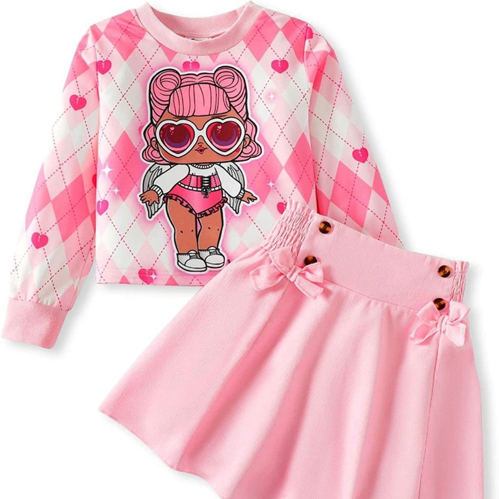 Surprise! Girl Skirt Set Long Sleeve Letter Print Sweatshirt Plaid/Pink
